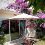 Private garden and sunny terrace at a welcoming host family home in Bordeaux, surrounded by flowering trees in a quiet residential neighbourhood.